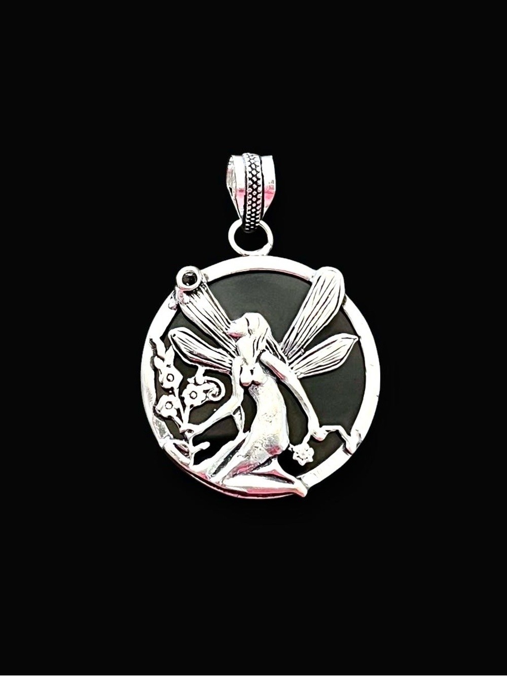 Black Onyx 925 Silver Fairy 2” Pendant